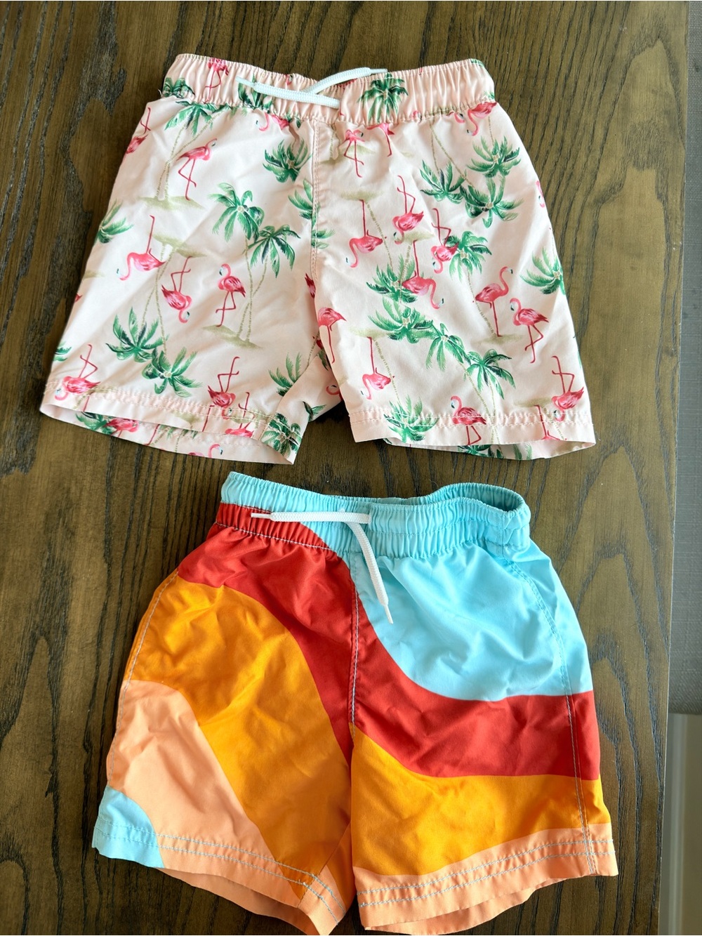 Boys Flamingo Print & Colorblock Swim Trunks